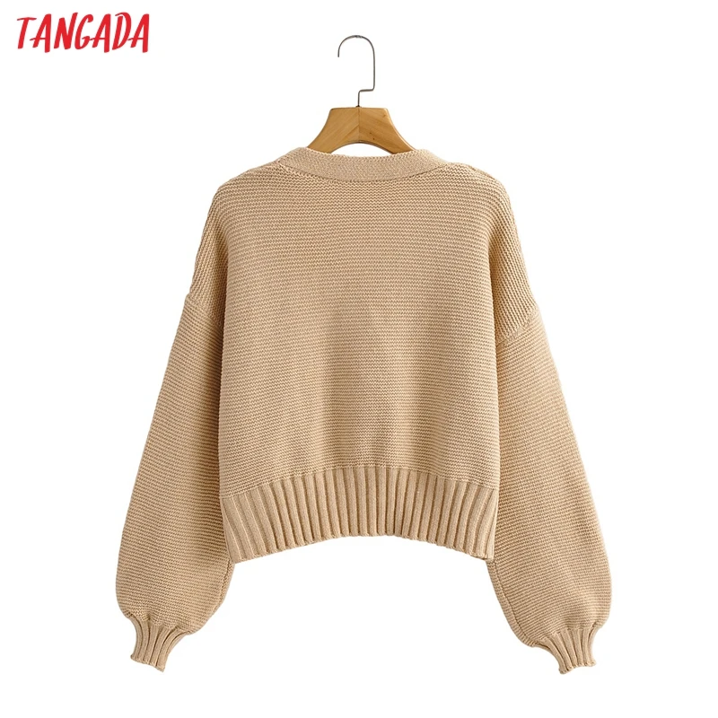 

Tangada 2021 Autumn Winter Women Solid Crop Knitted Cardigan Sweater Jumper Puff Long Sleeve Loose Female Outerwear 1F358