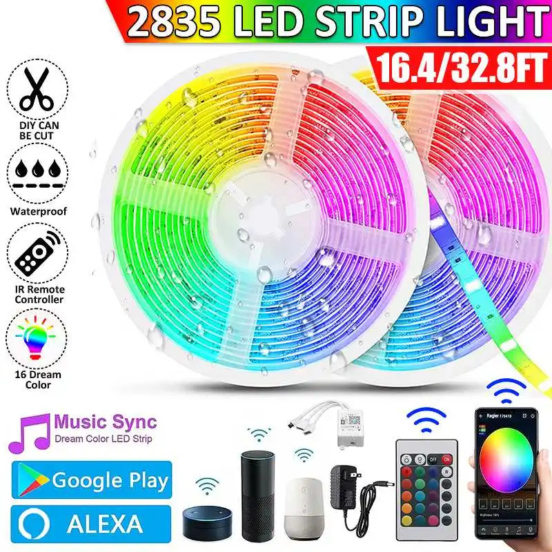 

10M 2835 RGB LED Light Strip AC100-240V LED Tape Lights RGB Rope Lights Flexible Changing LED Strip Lights Bluetooth App Control