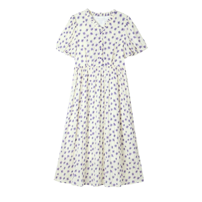 

2021 New French Style V-Neck Lantern Sleeve Women Dress Summer Fashion Temperament High Waist Floral Print Ruffles Dresses