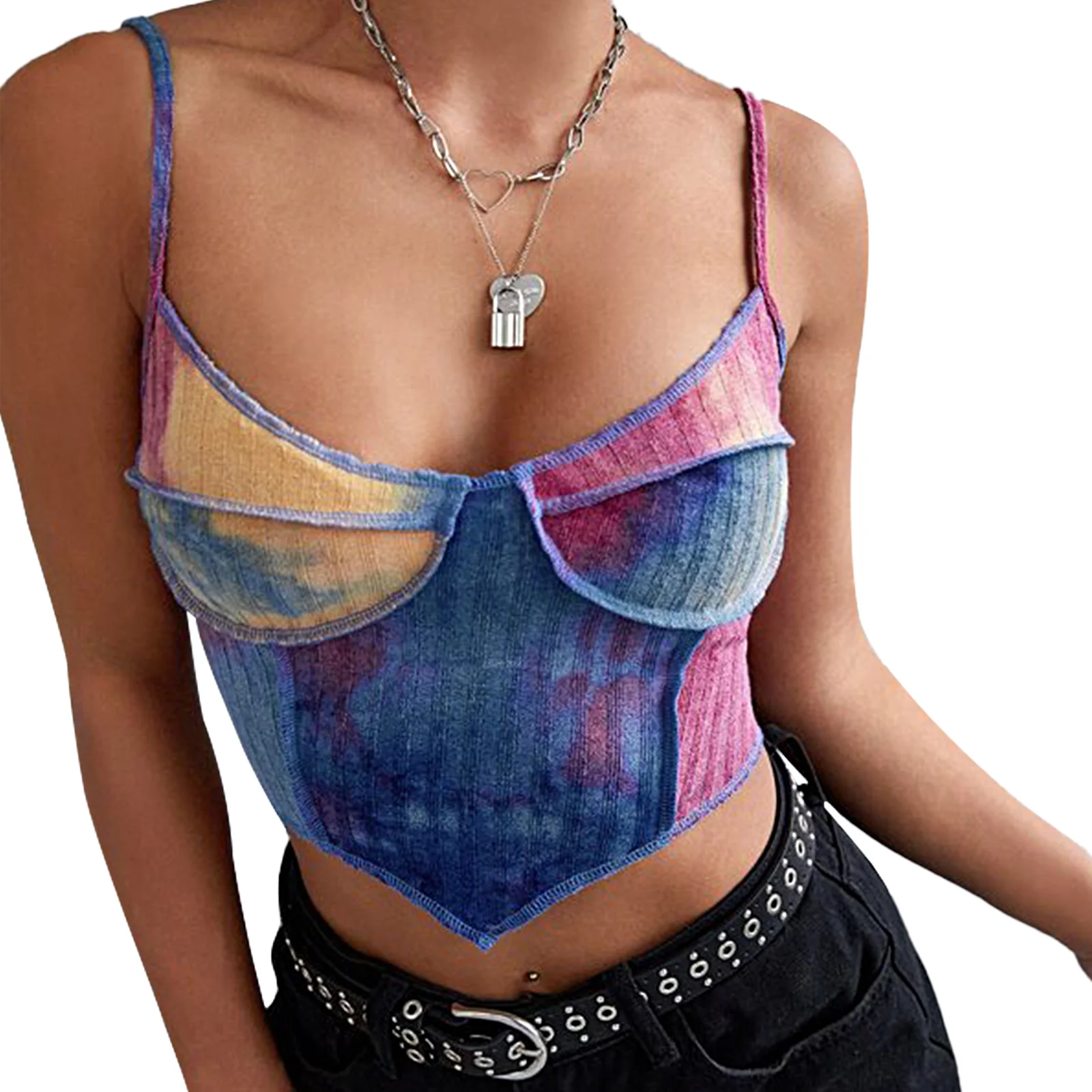 

Women's Tie Dye Print Camisoles Sleeveless Spaghetti Strap V Neck Rib Knit Stitch Crop Cami Tops For Daily Life Going Out