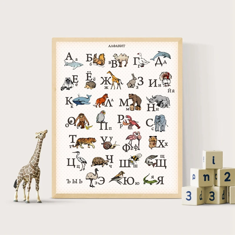 Русский язык алфавит с Животные принт Детская Wall Art декор холст картины учебный