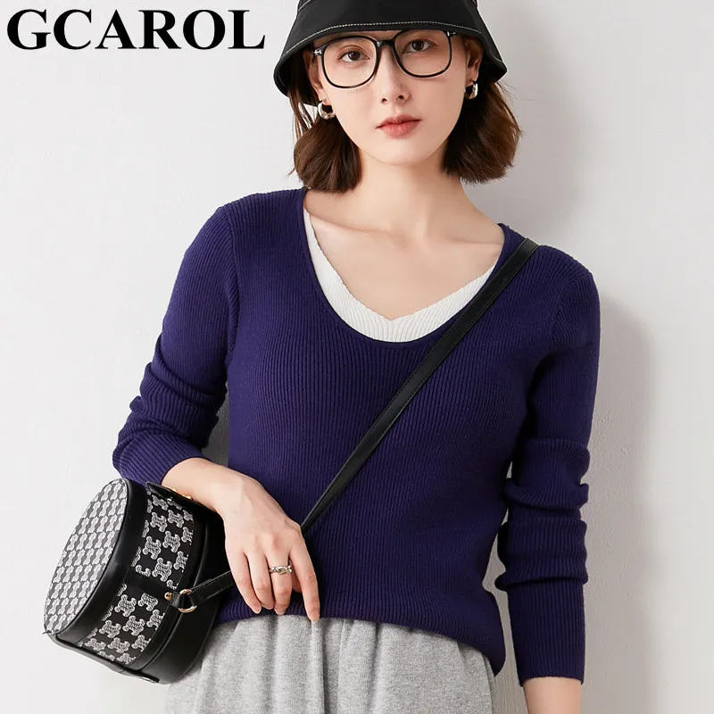 

GCAROL New Women V Neck Fake 2 Pcs Close-fitting Sweater Slim Stretch Spring Autumn Winter Base Knitting Crop Top OL Pullover