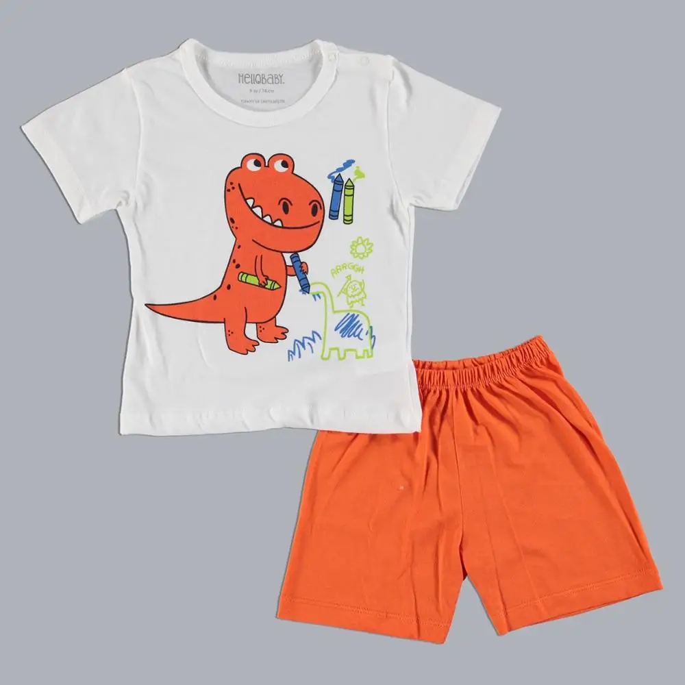 Золотой Ebebek HelloBaby/пижамный комплект с короткими рукавами и круглым вырезом; Летняя Повседневная хлопковая одежда с короткими рукавами и принтом; повседневная одежда для малышей; шорты - Цвет: Золотой