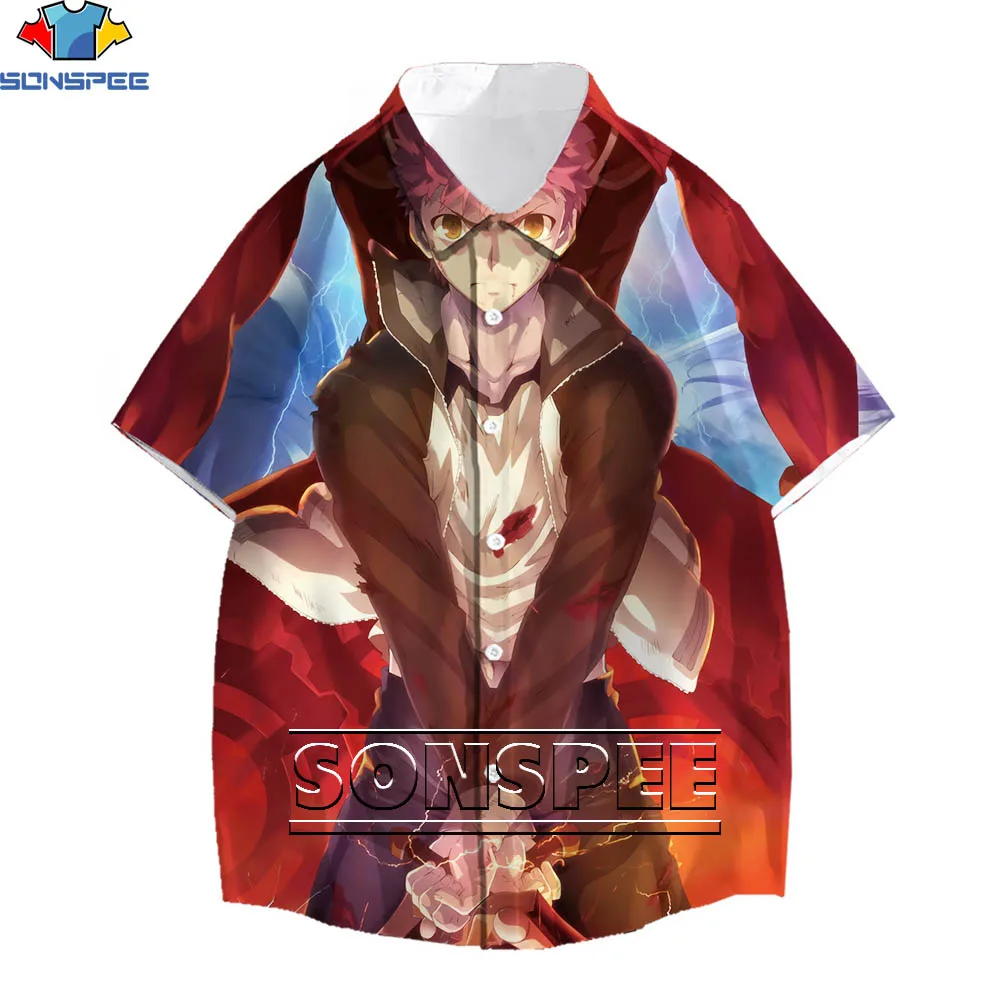 

SONSPEE Anime 3D Printing Fate Night Blood Battle Hawaiian Shirt Harajuku Street Casual Loose Men and Women Tops Free Shipping