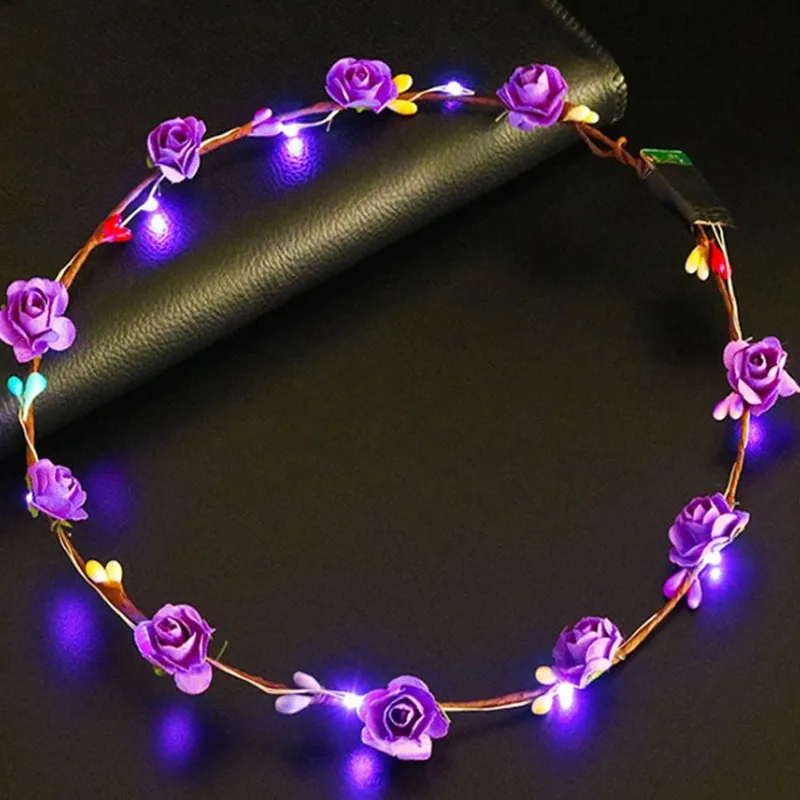 Purple Свадебный неоновый головной убор, светодиодный светильник, Праздничный Рождественский цветок, цветной венок, украшение на Хэллоуин, подарок, вечерние гирлянды для девочек и женщин - Color: Purple