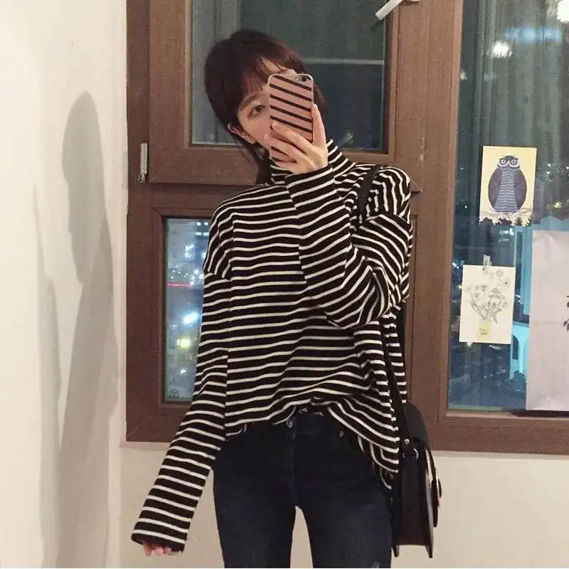 2020 spring autumn Women t shirt Harajuku Simple stripes tshirt long sleeve Turtle neck slim T-Shirts Femme black white Top Tees | Женская