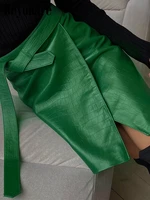 beyouare faux leather crocodile pattern a line skirt women fashion elegant solid green high waist split mini skirts 2021 autumn
