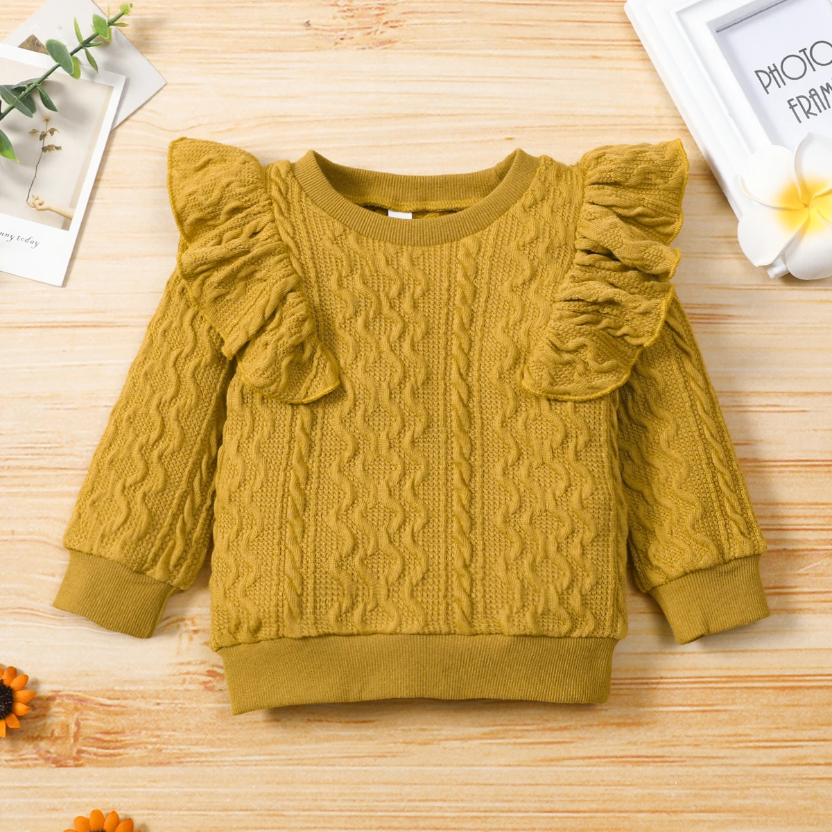 

Повседневный свитшот для младенцев, милый однотонный пуловер с круглым вырезом и рукавами-мушками для маленьких девочек, новая мода 2021