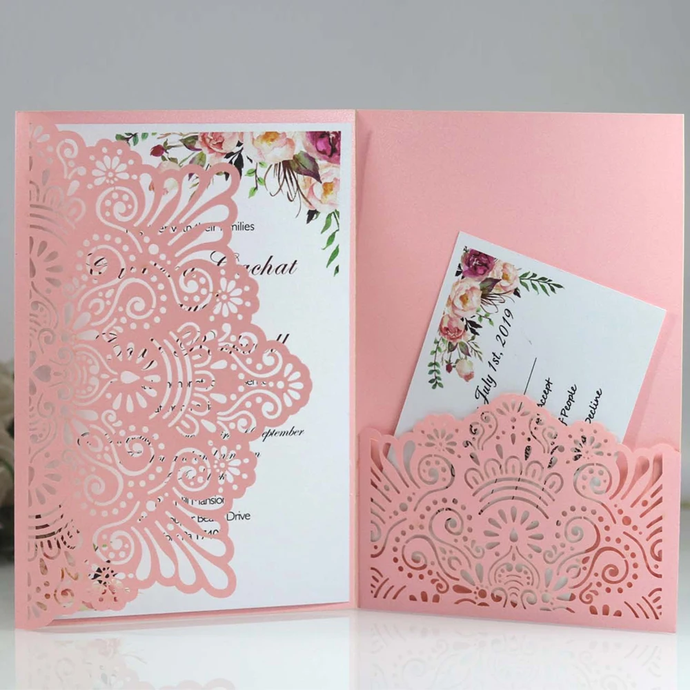 

10pcs Red Pink Purple Glitter Paper Laser Cut Wedding Invitation Card With Ribbon Personalized Wedding Decor Party Supplies