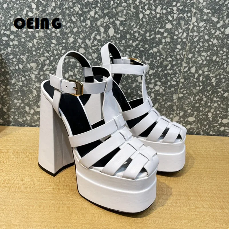 

Женские босоножки на двойной платформе, модельные дизайнерские кожаные туфли-лодочки на блочном высоком каблуке с ремешком с пряжкой, свад...