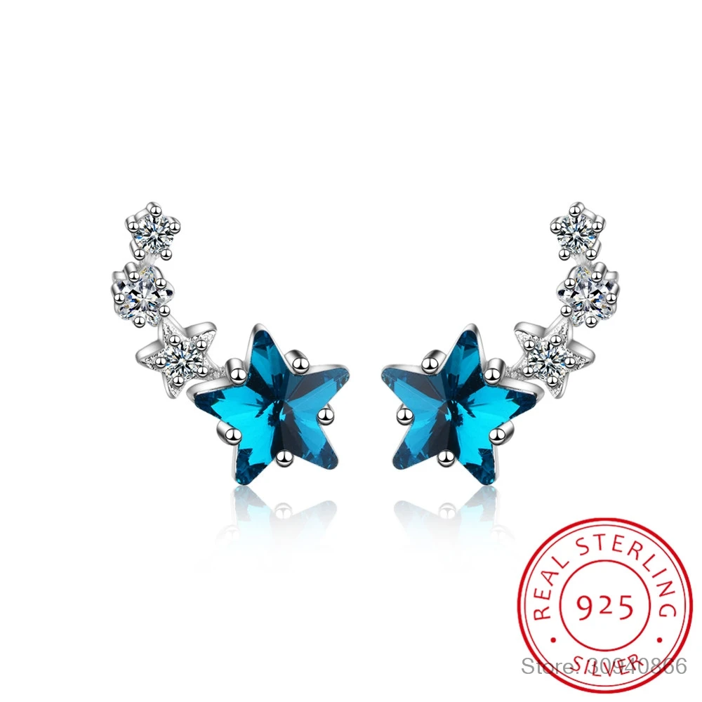 Модный Голубой цирконий звезда 925 стерлингового серебра серьги-гвоздики для