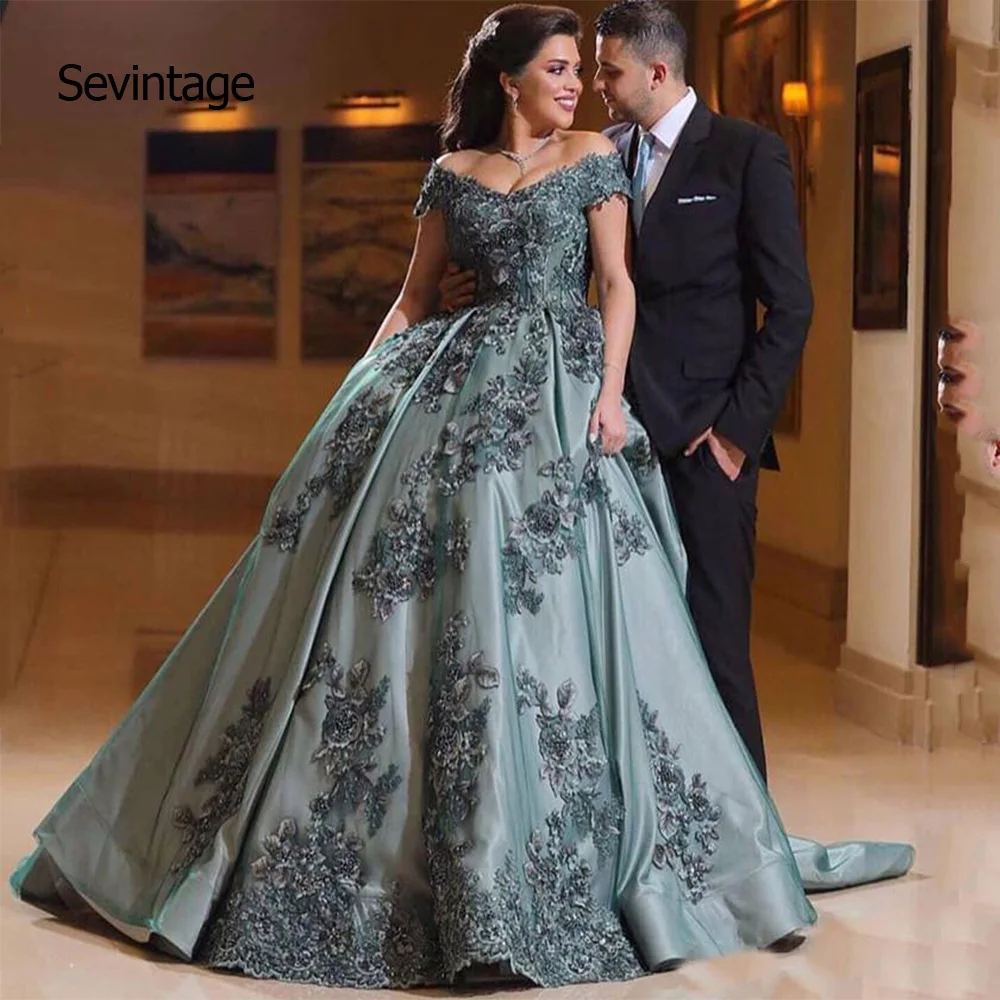 

Sevintage 2020 Ball Gown Arabic Dubai Modest Prom Dress Vintage Off Shoulder Appliques Lace Long Evening Gowns Vestido Party