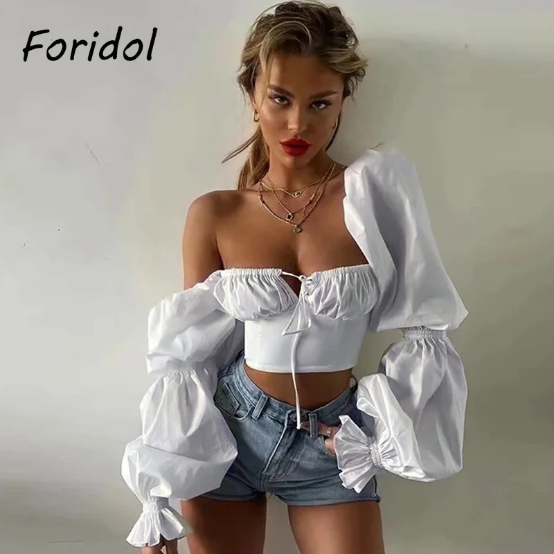 

Foridol Sexy Lace Up White Crop Top Blouse Women Long Sleeve Autumn Winter Slim Vintage Blouse Shirts 2021 New Backless Top