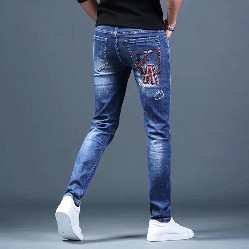 Mens Fashion Printed Blue Jeans Men Summer Regular Straight Denim Pants Hip Hop Streetwear Casual Trousers