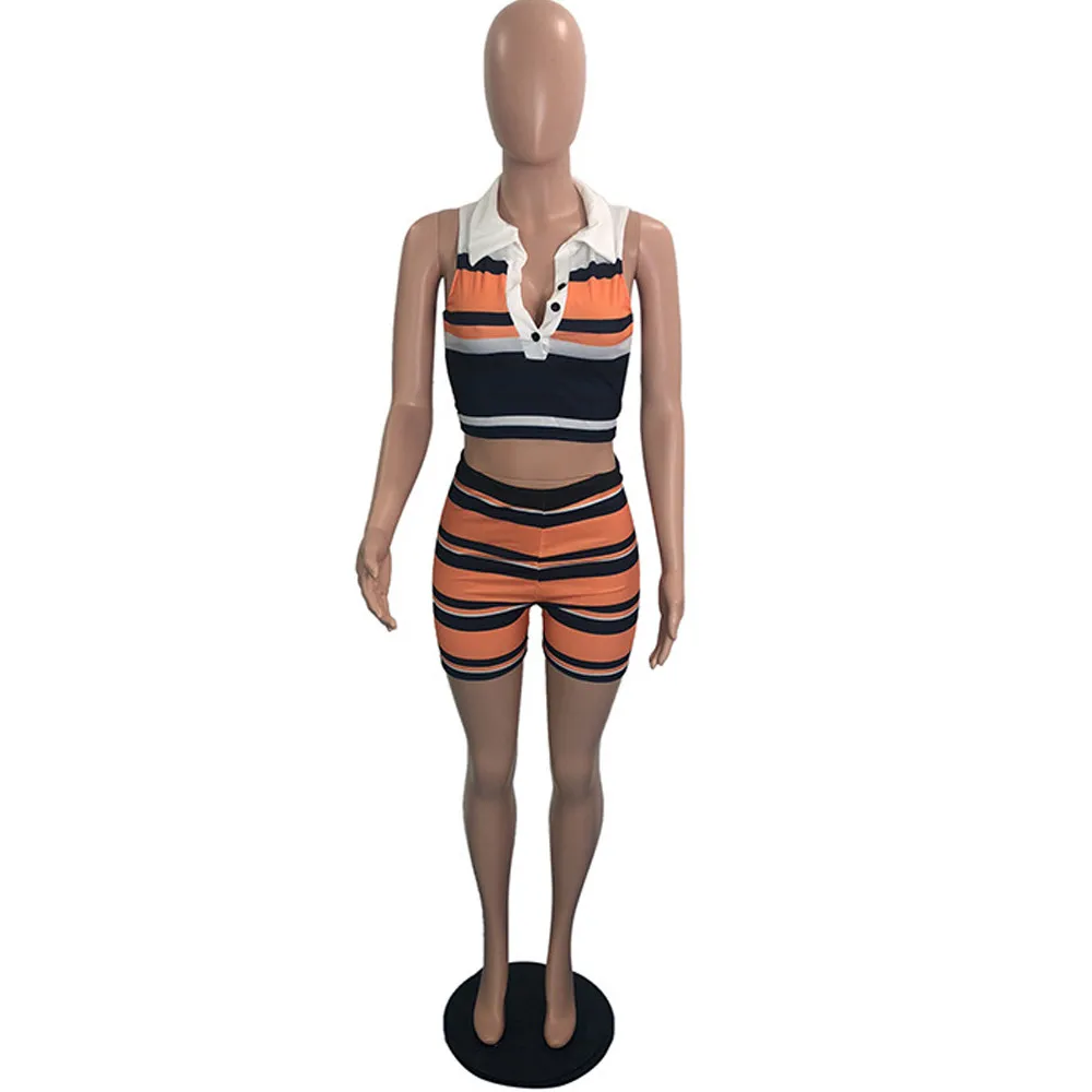 

Striped Print Knitted Suit Women 2 Pieces Sets Summer Turn Down Collar Sleeveless Crop Top and Slim Fit Short Summer Tracksuit