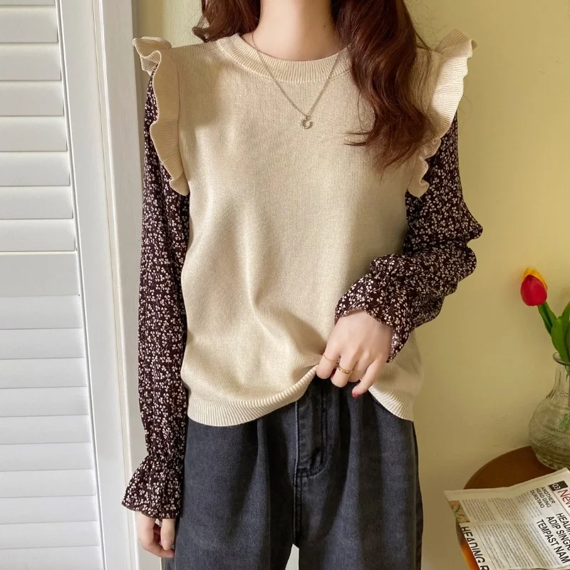 

Новинка ранней осени женская трикотажная одежда 2021 оборки цветочный длинный рукав имитация двух частей сращивающийся Тонкий Свободный Топ