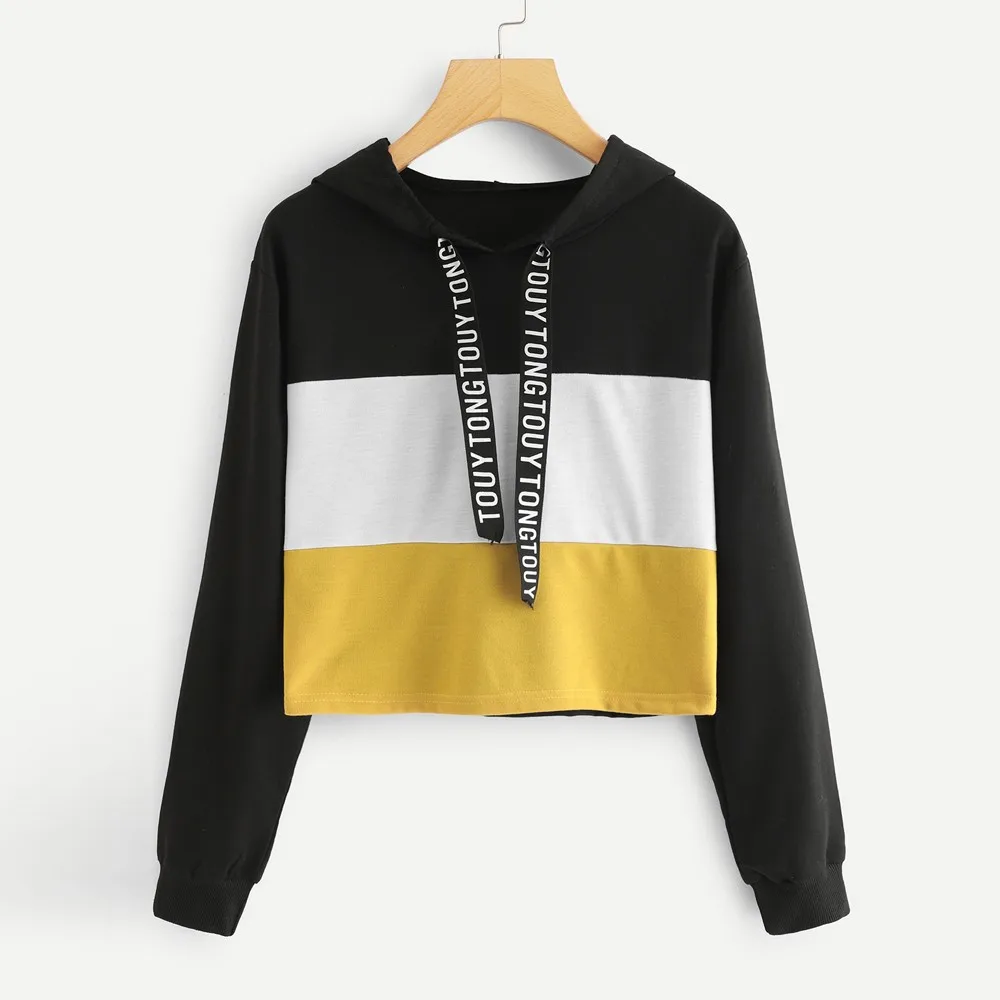 hoodies for teen girls Women's Long Sleeve pullover Letter Print Tape Drawstring Hoodie Colorblock Sweatshirt толстовки женские |