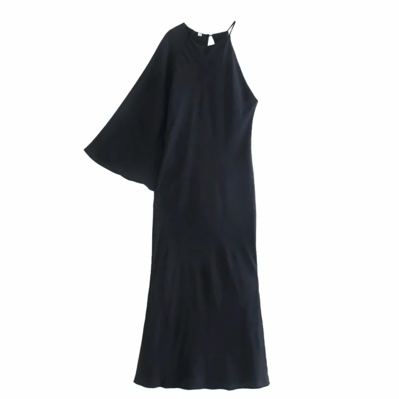 

Лидер продаж, женское асимметричное черное платье миди, женская одежда с расклешенным рукавом, повседневное женское свободное платье D8370