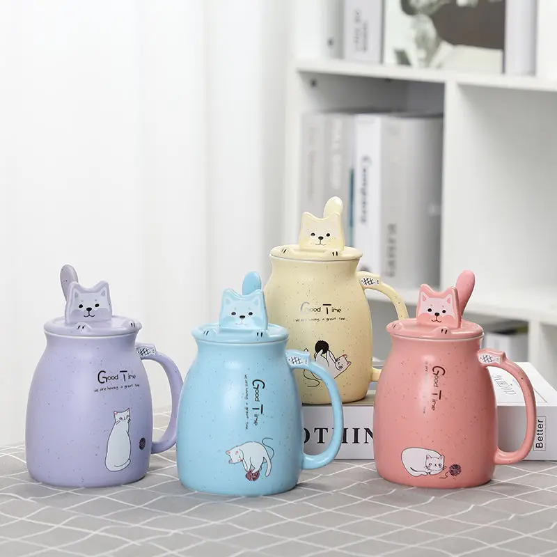 

Кружка с милым котом, термостойкая креативная мультяшная чашка с крышкой и ложкой, кофейные керамические кружки, детская чашка для студенто...