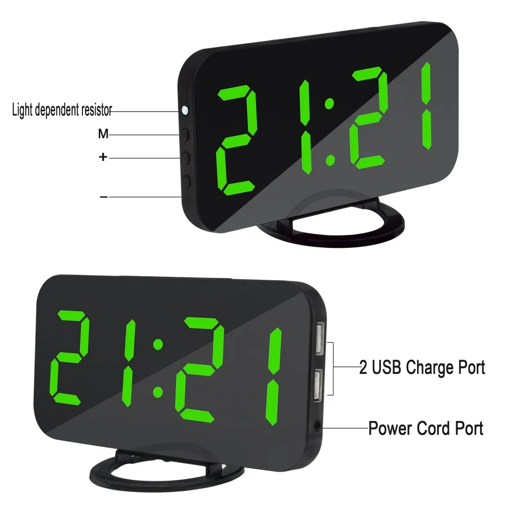 

Digital LED Alarm Clock Mirror 2 USB Charger Ports Night Light LED Table Clock Snooze Function Adjustable Brightness Desk Clocks