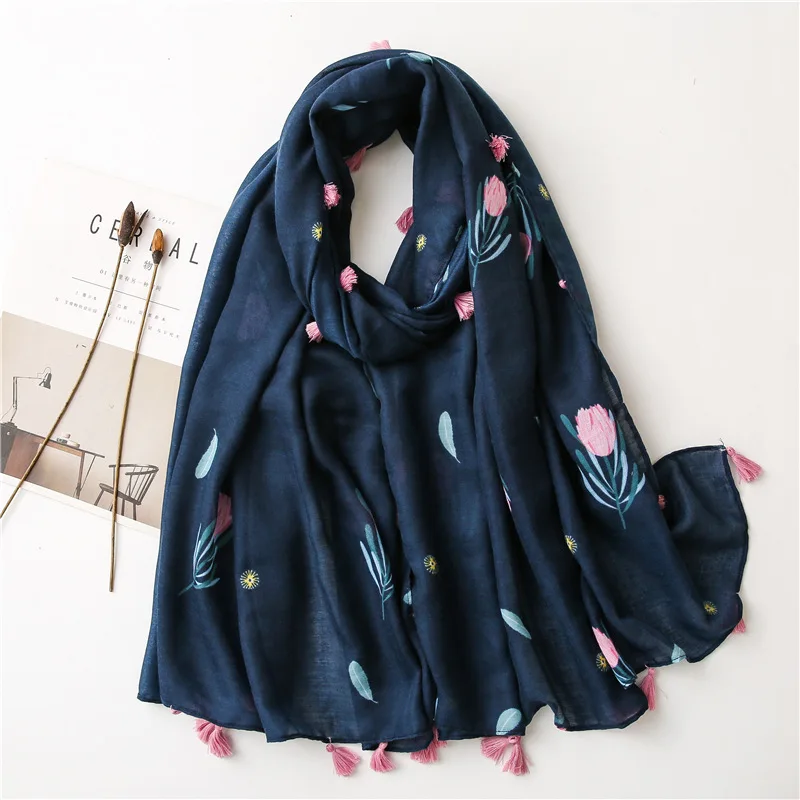 

2022 модная темно-синяя шаль в виде цветов сада, женский шарф, высококачественный палантин, мусульманский хиджаб 180*90 см