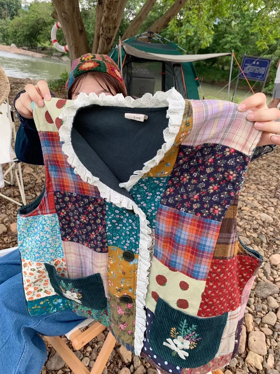 

2021 new style Baijia cloth lace patchwork stitching sweet ethnic style characteristic cotton and linen vest vest
