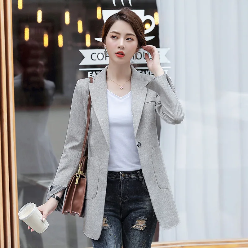 2020 Autumn Women's Long Blazers Solid Dark Light Grey Black Pockets Formal Suits Jackets Office Ladies Notched Outerwear Tops