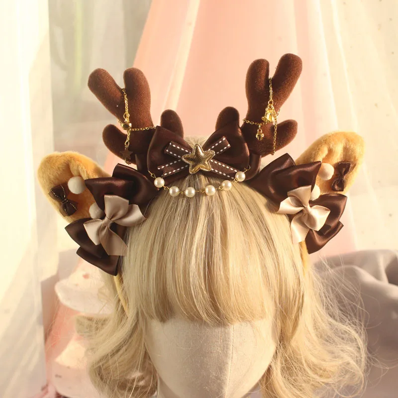 

Christmas Handmade Antler Gorgeous Soft Girl KC Headband Hairpin Retro Lolita Party Hair Ornament Cute Bow Headdress Side Clip