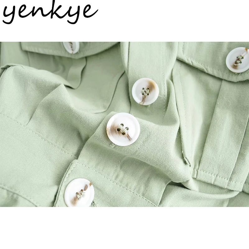 

YENKYE Vintage Solid Safari Style Overalls Women Lapel Collar Pockets Sashes Casual Jumpsuit Short Romper Summer Mono Mujer