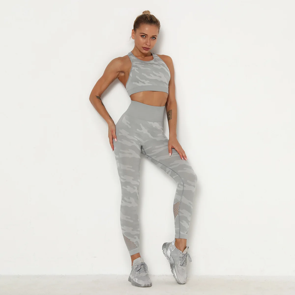 

Seamless Yoga Set Women's Mesh Camouflage Slim Sports Suit Tracksuit Crop Top High Waist Leggings Sport Workout Gym Clothes