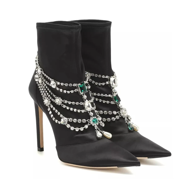 Scarpe donna/женские ботильоны; зимняя шелковая женская обувь на высоком каблуке 10,5 см с острым носком, украшенная кристаллами и цепочкой; зимняя обувь; Zapatos De Mujer