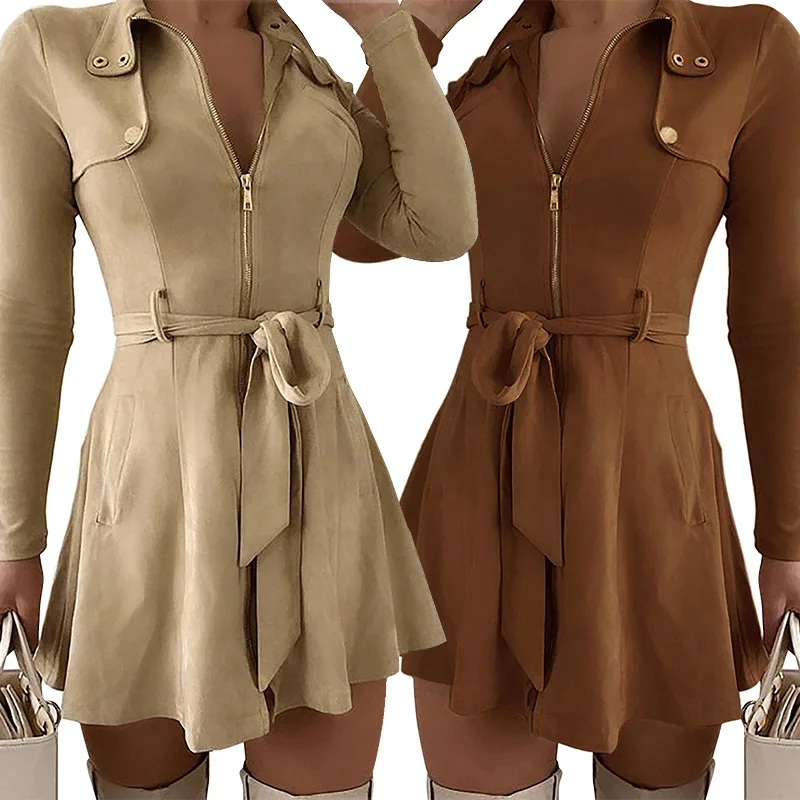 

2021women's solid long sleeve slim zipper skirt summer dress Free shipping