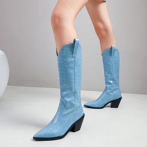 Женские ковбойские сапоги до колена, до середины икры, с острым носком