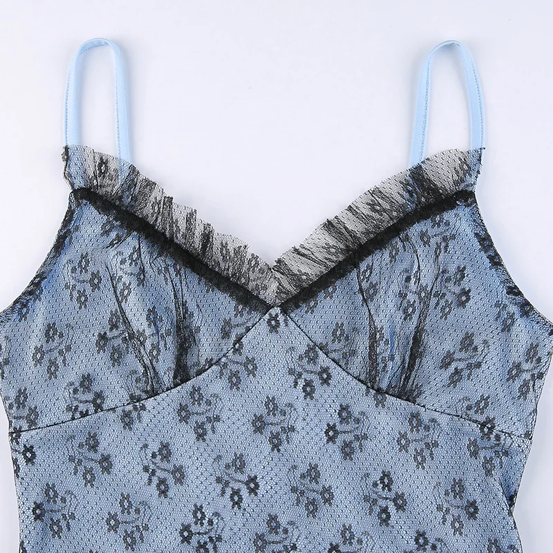 

WEPBEL Spaghetti Strap Dress Women's Casual Printed Lace Slim Patchwork Dress Summer Sexy V-neck Backless High Waist Dress