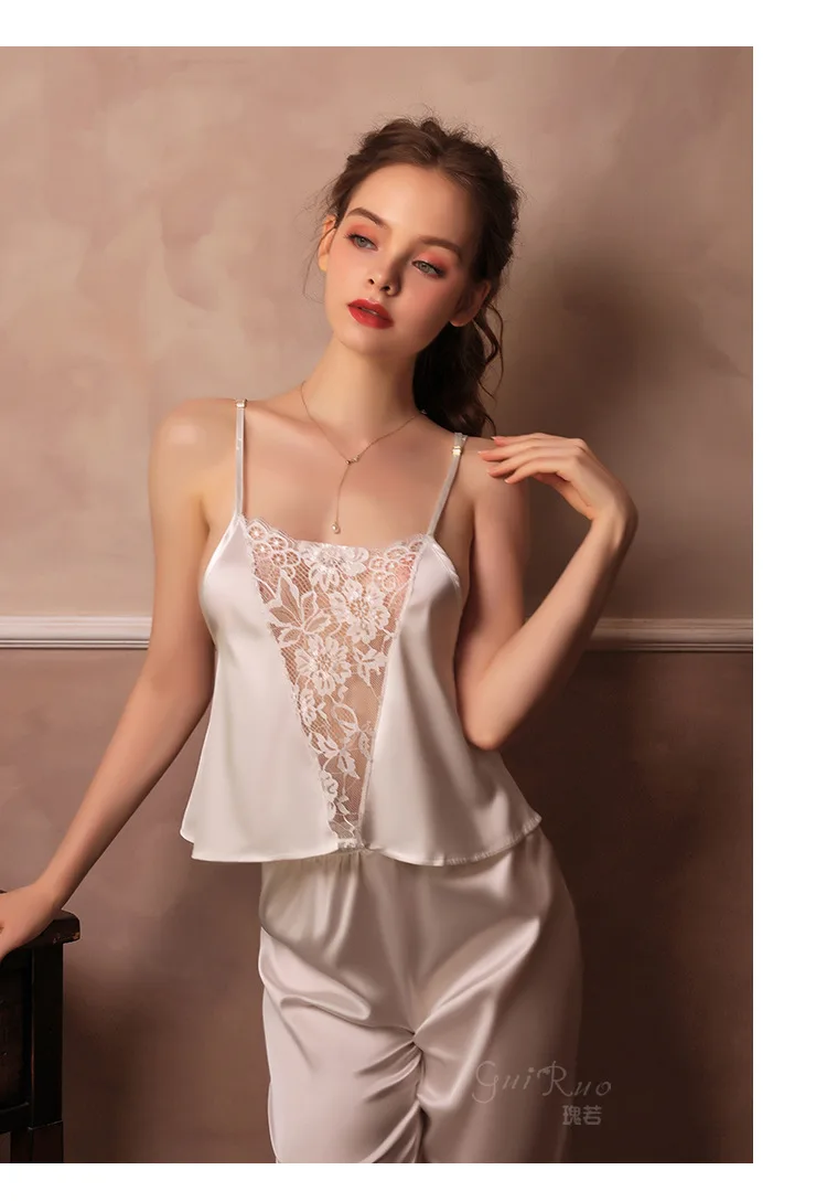 

Women Pajamas Satin Lingerie Sling Deep V Lace Printing Top Trousers Sleepwear Temptation Female Thin Pajamas Homewear Summer