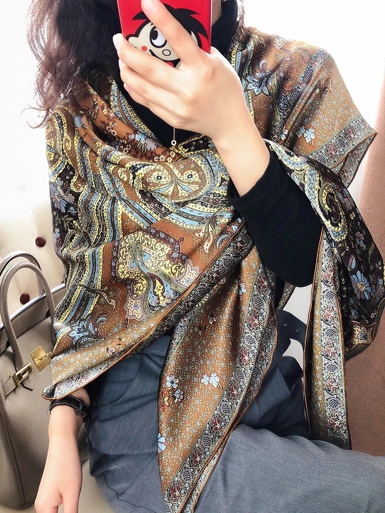 

KMS Heavy silk scarf retro golden brown spring and autumn wild silk square scarf shawl dual-use Women 140*140cm/135g