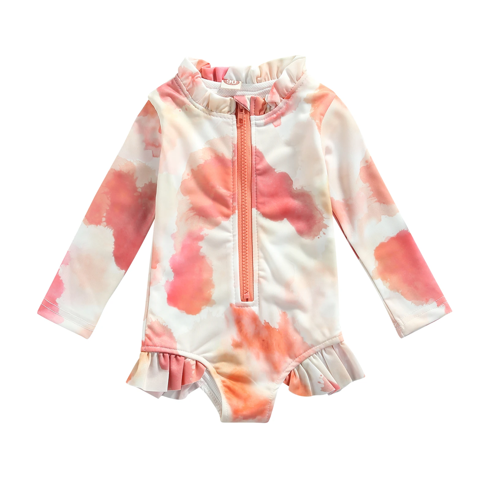 

Children Tie-dye Swimsuit, Girls Long Sleeve O-neck Zip-up Swimwear with Ruffles