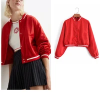zip up baseball suit red casual solid streetwear women girl long sleeve autumn loose stand collar short type sportswear coat