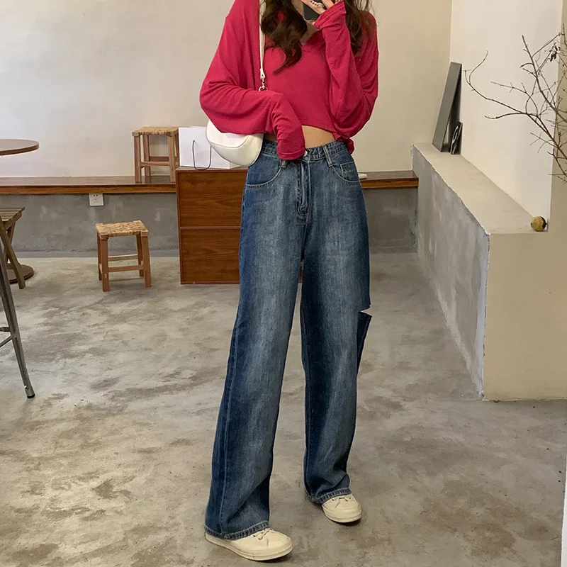 Джинсы женские с завышенной талией черные свободные повседневные Прямые Штаны