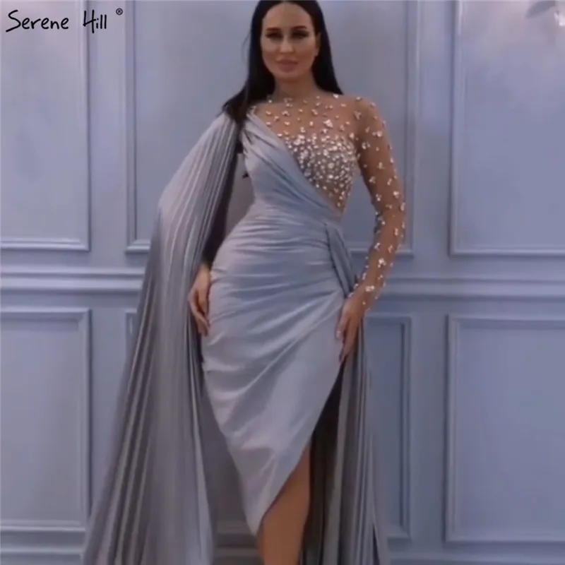 Red One Shoulder Mermaid Sexy Evening Dresses 2021 Long Sleeve Diamonds Satin Formal Dress Serene Hill LA70465 | Свадьбы и торжества