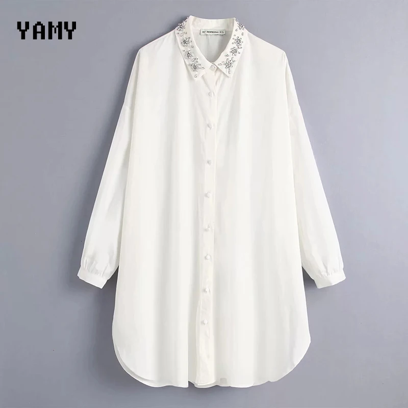 Женская свободная рубашка с отложным воротником и длинным рукавом хлопковая