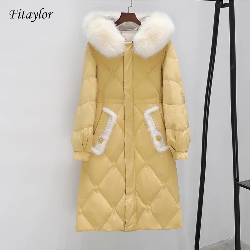 Fitaylor большой натуральный мех норки для женщин 90% белый утиный пух Длинные парки