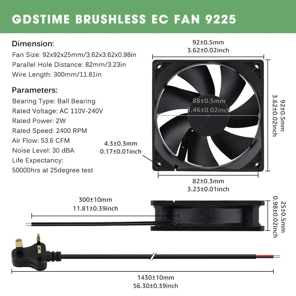 

1PCS Gdstime EC 90mm 92mm x 25mm AC 110V 115V 120V 220V 240V Brushless Cooling Fan Dual Ball Bearing Axial Fan With UK Plug