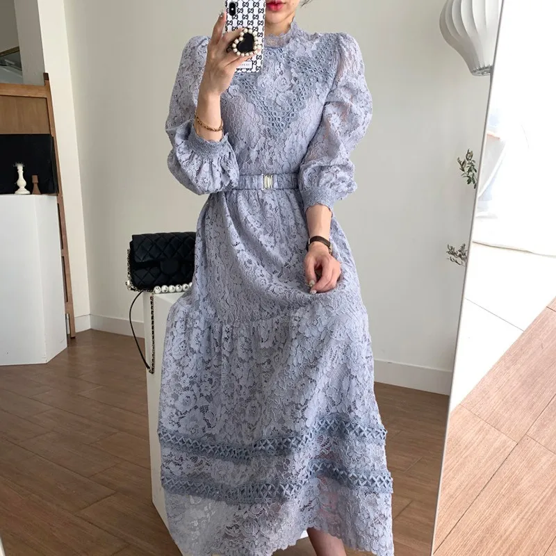 

HziriP Lace Dress Crocheted Flower Lady Women 2021 New Stand Collar Sexy Elegance Vintage High Waist Dresses Vesitidos with Belt