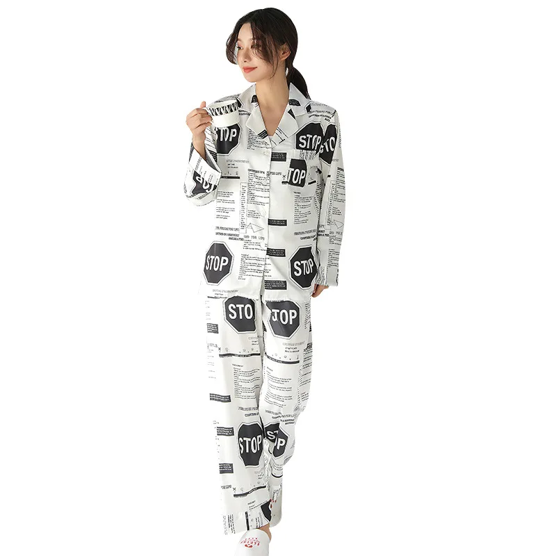 

Print Letter 2PCS PJS Sets For Women Satin Lapel Pajamas With Buttons Sexy Summer Sleepwear Soft Intimate Lingerie Home Service