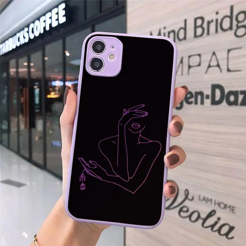 

Fashion women Curved Line Phone Cases Matte transparent For Purple iPhone 12 Mini 11 Pro XR XS Max 7 8 Plus X Back Cover