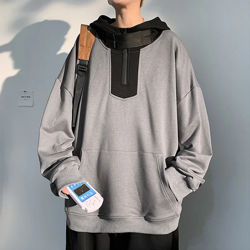 

W5208 Autumn Men Hooded Sweatshirts Contrast Color Patchwork Pockets Harajuku High Street Sport Male Student Tracksuit Pullover