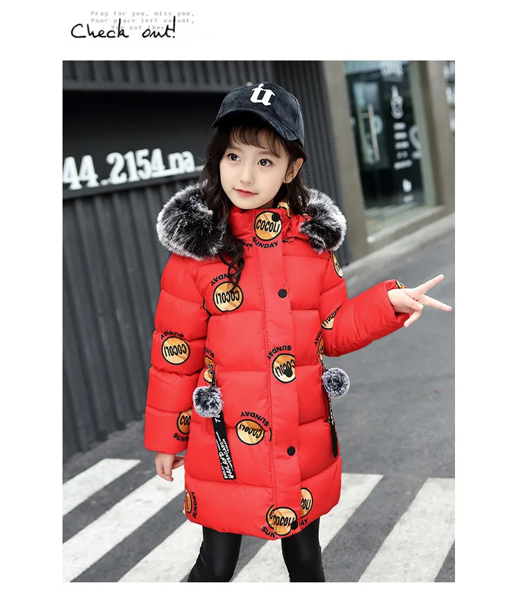 Baby winter new girl down jacket children letter printing thick warm cotton coat girl baby big fur collarcotton hoodedlong coat