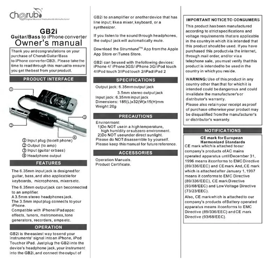 

Cherub GB2i Guitar Audio Connector Interface System AMP Amplifier Guitar Effects Pedal Convertor Adapter Cable Jack For Phone