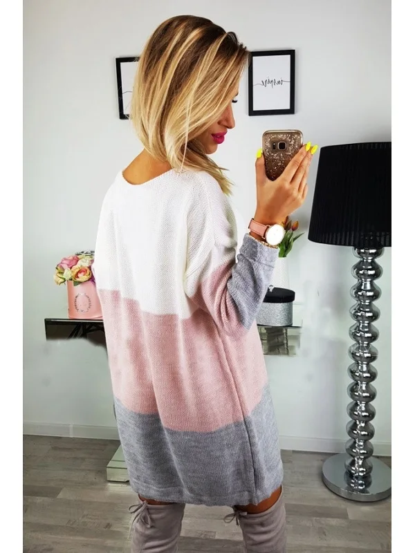 

2020 winter patchwork color block long sleeve woman sweater casual loose o-neck pullover knit long female sweater